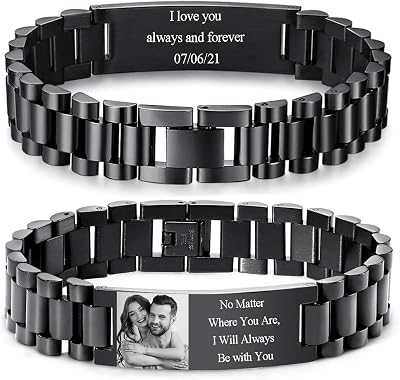 Personalized Picture Bracelet for Men - Free Engraved Customized Photo Bracelets,Hypoallergenic Stainless Steel Adjustable Wristband,Custom Engraving PhotoTextName Bracelet Jewelry Gift for Him