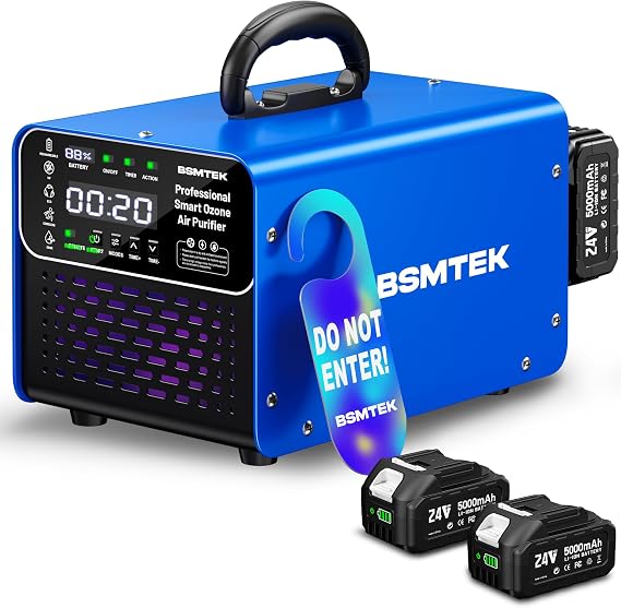 Cordless Ozone Generator with 2X 5000mAh Battery & Quick Charger, 24V Professional Grade Ozone Machine, Deodorizer, With Remote Control, Suitable for Large Room,Blue