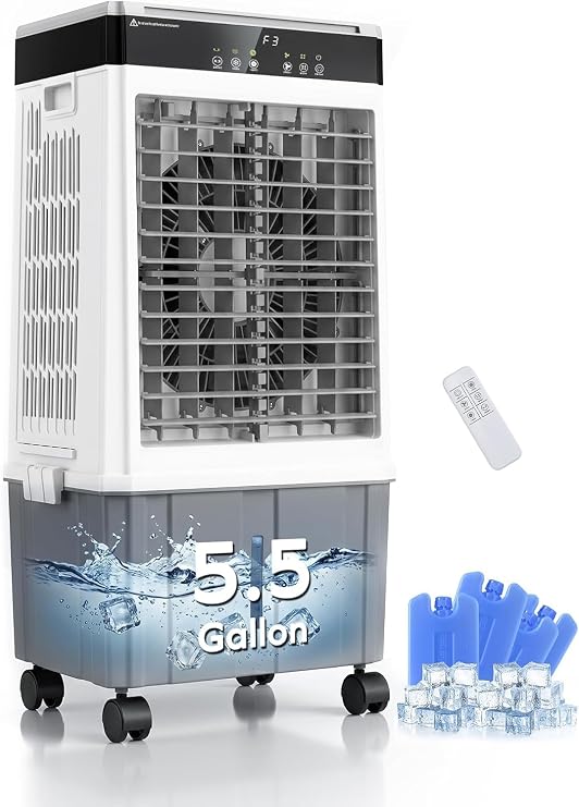 Air Choice Swamp Cooler, 3000CFM 31" Evaporative Air Cooler, 5.5Gal Removable Tank & 4 Ice Box, 120 Oscillation, 3 Speeds, Remote, 12H Timer, 3-in-1 Air Cooling Fan for Outdoor, Office, Bedroom, Grey