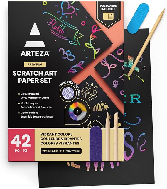 ARTEZA Scratch Paper, Set of 42 Sheets, 10.9 x 8.2 Inches, Includes 4 Unique Patterns, 4 Scratchers, 4 Stencils, 4 Post Cards