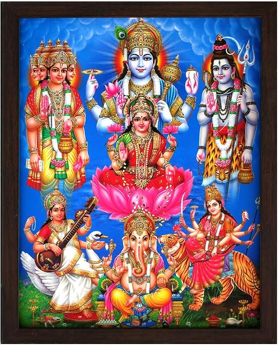 SANVIKA Lakshmi Devi Photo Poster Frame Wall Decor, Goddess Laxmi Art Frame For Living Room Decor, Hindu Decor For Home Office, Pooja Room (Lakshmi Showering Money, 12" x 9")