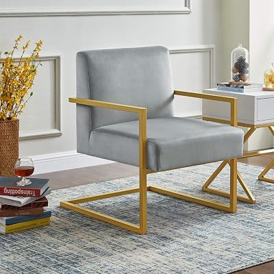 24KF Comfortable Fashional Accent Chair - Velvet Cushion & Square Arm Metal Golden Stand - Gray