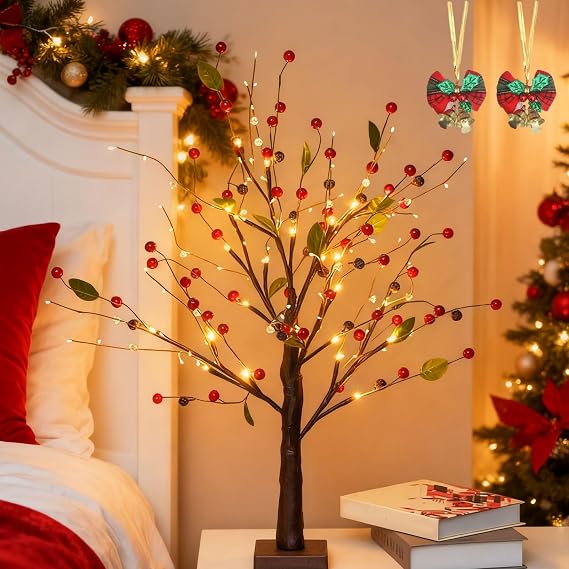 Red Berry Blossom Tree, Reds Berry Blossom Twinkling Tree with Lights, 21.6inch Artificial Table Decor with 48 Berries & 24 LED Beads for Room Bedroom Christmas Decorative (1Set Red)