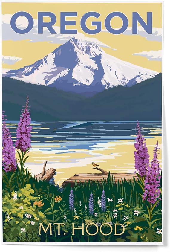 Lantern Press Mt. Hood, Oregon, Mountain and Lake Scene, 12x18 Inch Art Print, Home Decor