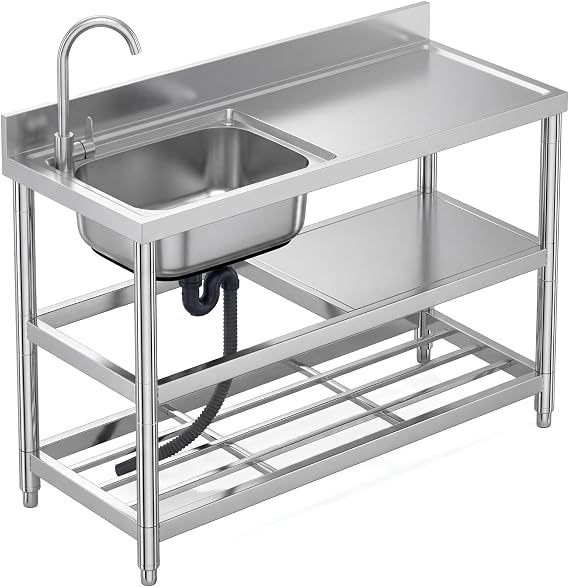 Free Standing Stainless-Steel Single Bowl Commercial Restaurant Kitchen Sink Set w/Faucet & Drainboard, Prep & Utility Washing Hand Basin w/Workbench & Double Storage Shelves Indoor Outdoor (47in)