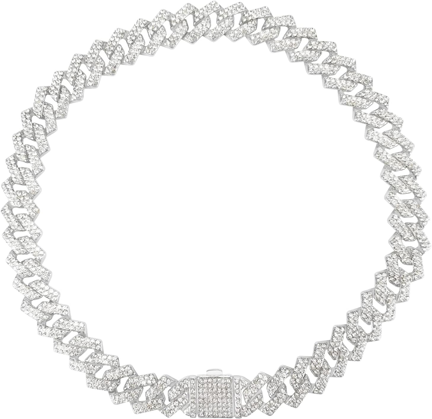 Dog Chain Collar Glitter Diamond Cuban Collar Walking Metal Chain Collar with Design Secure Buckle Pet Metal Link Chain Jewelry Accessories for Small Medium Large Dogs Cats (10Inch, Silver)
