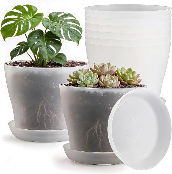 6 Pack 8 Inch Clear Nursery Plant Pots with Large Drainage Holes &Saucer | Plastic Translucent Flower Pots - Durable Outdoor/Indoor Planters for Succulents, Herbs, Cacti, Houseplants, Gardening Gifts