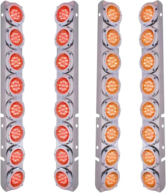 BST BSSP 4PCS Front Air Cleaner Kit 16 Flat Red+Yellow LED Lights & Bezels -For Peterbilt Reflector/Clearance Lens/Marker Light, Stainless Steel