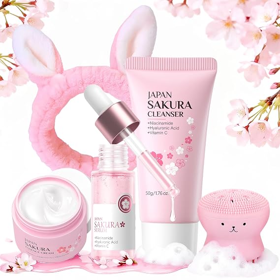 Sakura Skin Care Set for Teen Girls,5 Pcs Cleanser Serum Cream with Bunny Headband and Cleansing Brush,Cute Hydrating Skincare Gift Set for Daily Self Care,Birthday Gifts for Girls Women