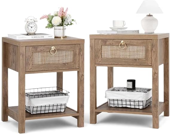 VOWNER Rattan Nightstands Set of 2 - Farmhouse Bedside Table Night Stand with Drawer and Storage Shelf, Boho End Side Table for Bedroom, Mesitas De Noche para Dormitorio, Dark Oak