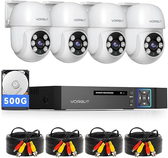 Wired Security Camera System Outdoor, 4pcs Pan/Tilt Camera,500GB HDD | 4CH 5MP Lite Surveillance DVR Kit, 360Coverage Dome Cams, IP66 Waterproof, Motion Detection, 24/7 Record, Remote Access