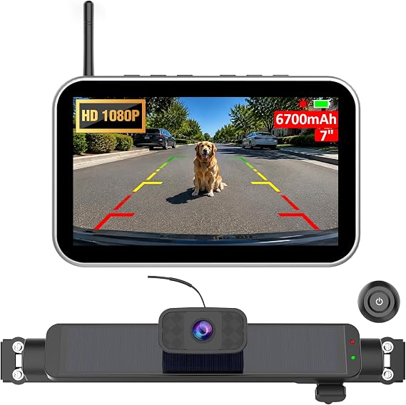 Carpuride Solar Wireless Backup Camera with 7" Monitor and 6700mAh Battery | Rechargeable 1080P Back Up Cam Auto Sleep, 170 Wide Angle, IP69K Waterproof, Easy Installation for Car, Van, Truck, Trailer