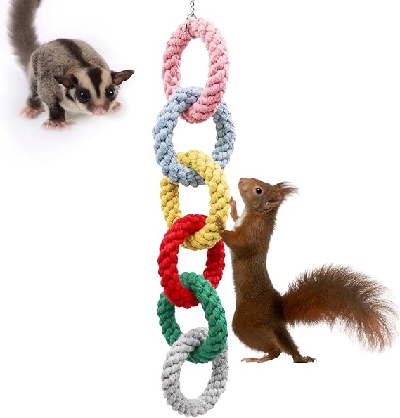 Sugar Glider Toys, Hanging Cotton Rope Ring Climbing Toy for Little Pet, Rat toys, Sugar Glider Cage Accessories, Exercise Toys for Sugar Glider, Rat, Squirrel, Bird, Other Little Climber (Short)