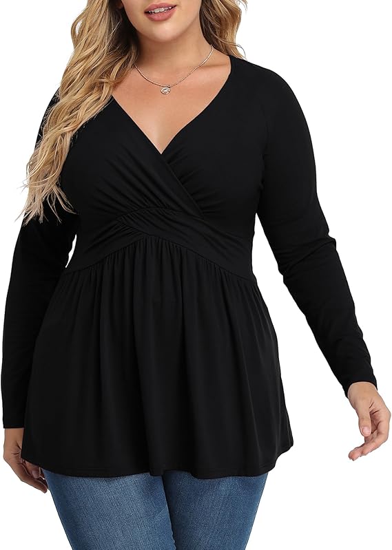 TIANZHU Plus Size Tops for Women Wrap Baby Doll Shirt Soft Tunic Top Dressy V Neck Blouse,XL-4XL
