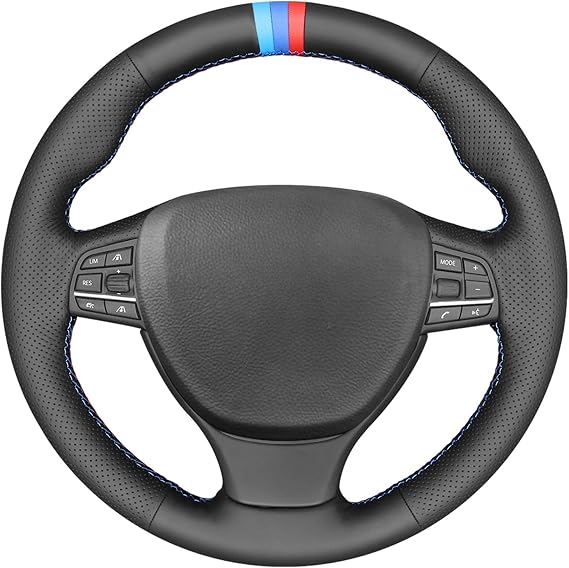 MEWANT Stitch On Steering Wheel Cover for BMW M Sport F10 F11 F07 M5 F10 | Custom Fit for BMW M Sport F10 F11 F07 / M5 F10 2011-2013 / F12 F13 F06 / F01 F02 Black Genuine Leather Breathable Durable