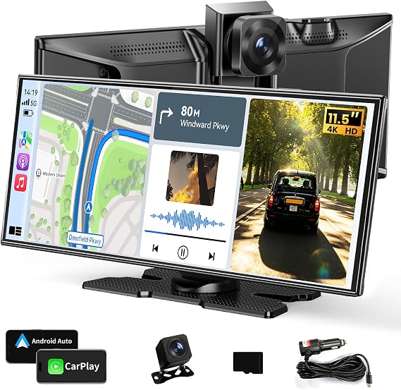 11.5" Largest Wireless Carplay Screen for Car, Portable Apple Carplay & Android Auto Touch Screen, 4K Dash Cam/App Control/1080p Backup Camera/Mirror Link/Voice Control/GPS/Bluetooth,for All Vehicles