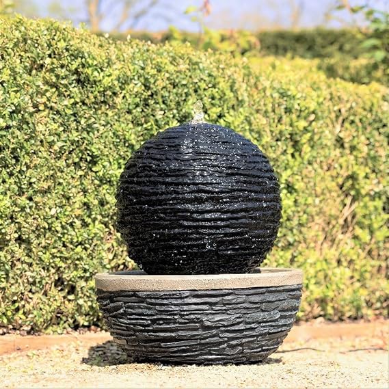 Primrose H42cm Marvao Slate Effect Sphere Water Feature with Lights Outdoor Garden Fountain