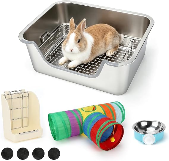 Stainless Steel Rabbit Litter Box with Hay Feeder & Sifting Grid