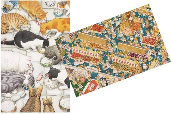 Pintoo - Two Plastic Jigsaw Puzzles Bundle - 1000 Piece - Smart - Cats Chow Down and 1000 Piece - Smart - The Market [H2864+H1163]
