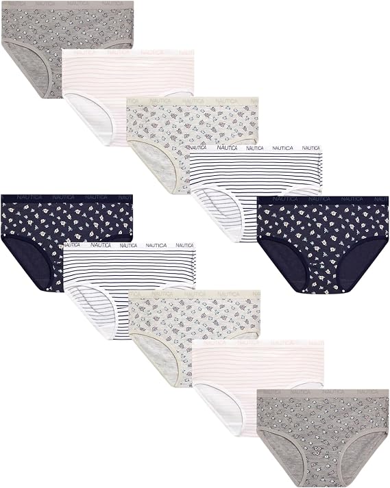 Nautica Girls Underwear Briefs - 10 Pack Comfort Stretch Mid-Waist Breathable Cotton Underwear Panties for Girls (Sizes:4-12)