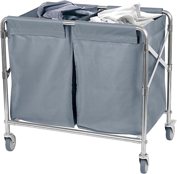 Nisorpa Laundry Trolley 2 Section Divided Foldable Laundry Basket 300L Commercial Laundry Sorter on Wheels Heavy Duty Laundry Hamper Collapsible Laundry Cart Large Folding Laundry Trolley