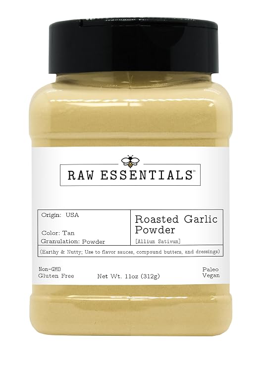Raw Essentials Roasted Garlic Powder, 11 oz | Earthy & Nutty Flavor, All Purpose Seasoning for Cooking, Sauces & Compound Butters, Non GMO, Gluten Free, Vegan & Paleo