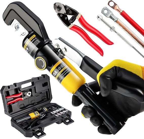 Hydraulic Crimping Tool with 9 Dies - Battery Cable Crimper Tool & Wire Rope Crimping Tool for 12 to 2/0 AWG, 1/16" 1/8" 3/16" Stainless Steel Cable Railing Tool