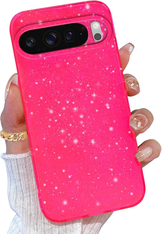 Google Pixel 9 Pro XL ケース ピンク グリッター 女性用 ガールズ ガーリー キュート キラキラ ネオン ブライトカラー ソフトフォンケース Pixel 9 Pro XL 6.8インチ用、ホットピンク