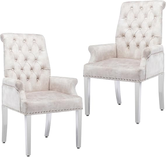 LOULENS Velvet Dining Chairs Set of 2, Dining Chairs with Arms, Beige