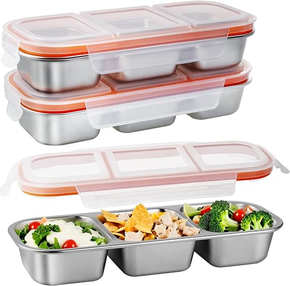 Greentainer 3 Pack Stainless Steel Snack Container with Lid, 3-Compartment