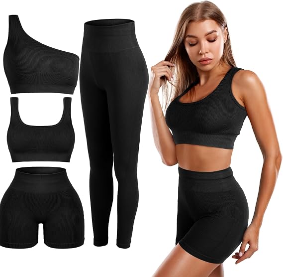4 Pcs Women's Workout Sets Pilates Exercise Outfit Ribbed Scoop Neck Sports Bra Shorts Leggings Gym Clothes Set