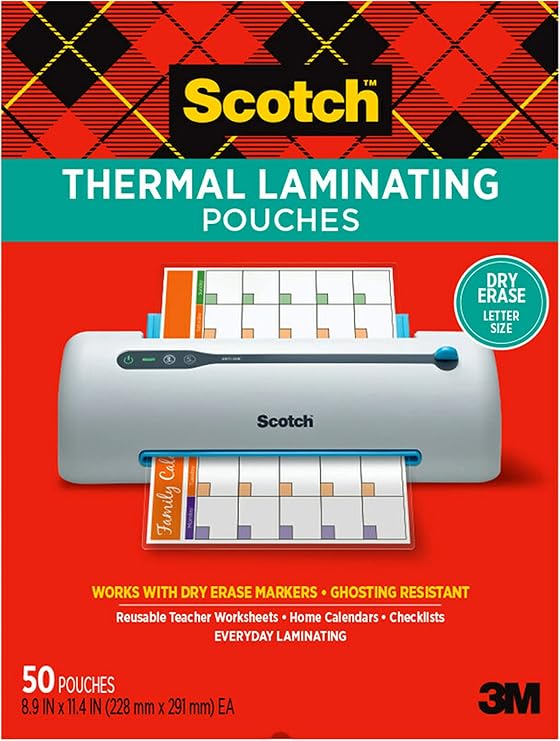 Scotch dry erase Thermal Laminating Pouches, 50-Pack, Works with Dry Erase Markers, Reuseable Worksheets, Calendars, Checklists, 8.9 x 11.4 Inches, Letter Size, Clear Professional Finish (TP3854-50DE)