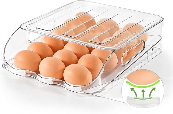 SMRCAD 18-Egg Holder for Fridge with Silicone Bumpers, Auto-Rolling Desigin