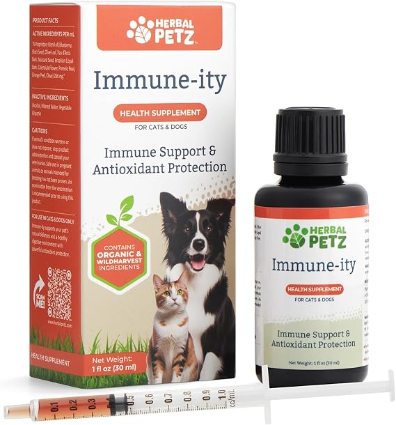 Immune-ity for Cats & Dogs - Herbal Health Supplement, Immune Support, Antioxidants, Yeast Balance, Healthy Stools, Respiratory Support, 1 Fluid Ounce Glass Bottle