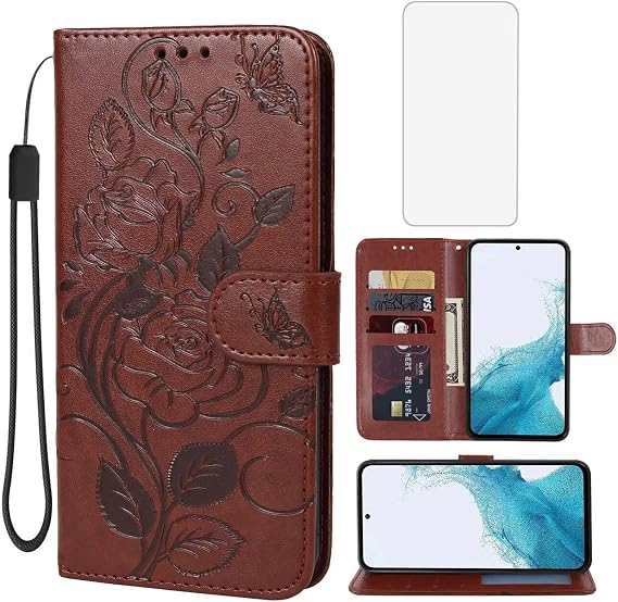 Case for Galaxy A54 5G Case, Samsung A54 5G SM-A546E Wallet Case with Tempered Glass Screen Protector, Flower Leather Flip Credit Card Holder Stand Phone Cover for Samsung Galaxy A54 5G Brown