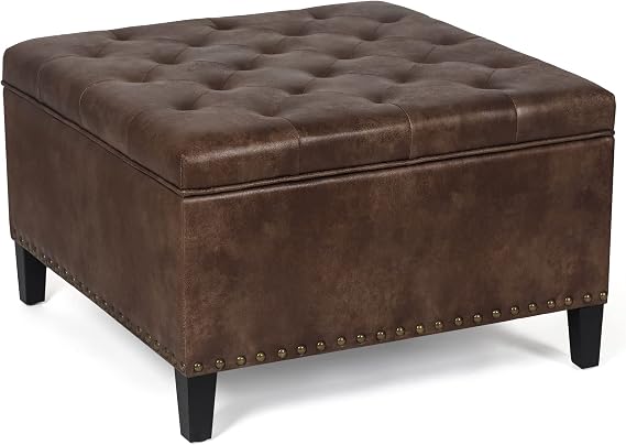 Leather Storage Ottoman, 29.5" Large Square Coffee Table With Storage, Upholstered Oversized for Living Room (Coffee)