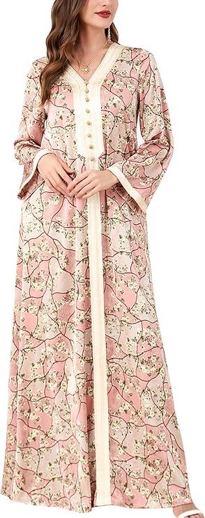 FYMNSI Abaya Dress for Women Muslim Modest Maxi Robe Floral V Neck Eid Prayer Dresses Dubai Clothing Arabian Islamic Kaftan