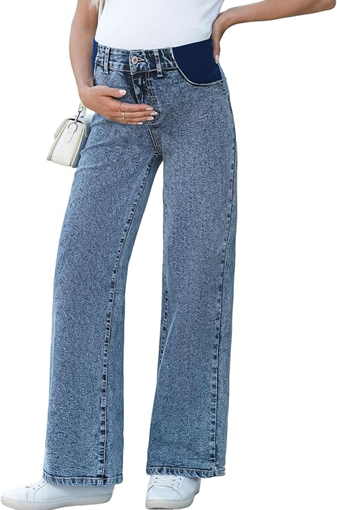 BLENCOT Maternity Jeans for Women Wide Leg Pregnancy Pants | High Waisted Stretchy Trendy Loose Casual Work Denim, Postpartum Outfits with Pockets