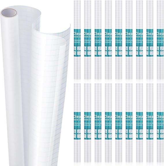 Tatuo Clear Paper Book Cover Rolls 13.5" x 5' Clear Self Adhesive Book Cover Plastic Protector Self Adhesive Protective Liner for Files Documents(18 Rolls)