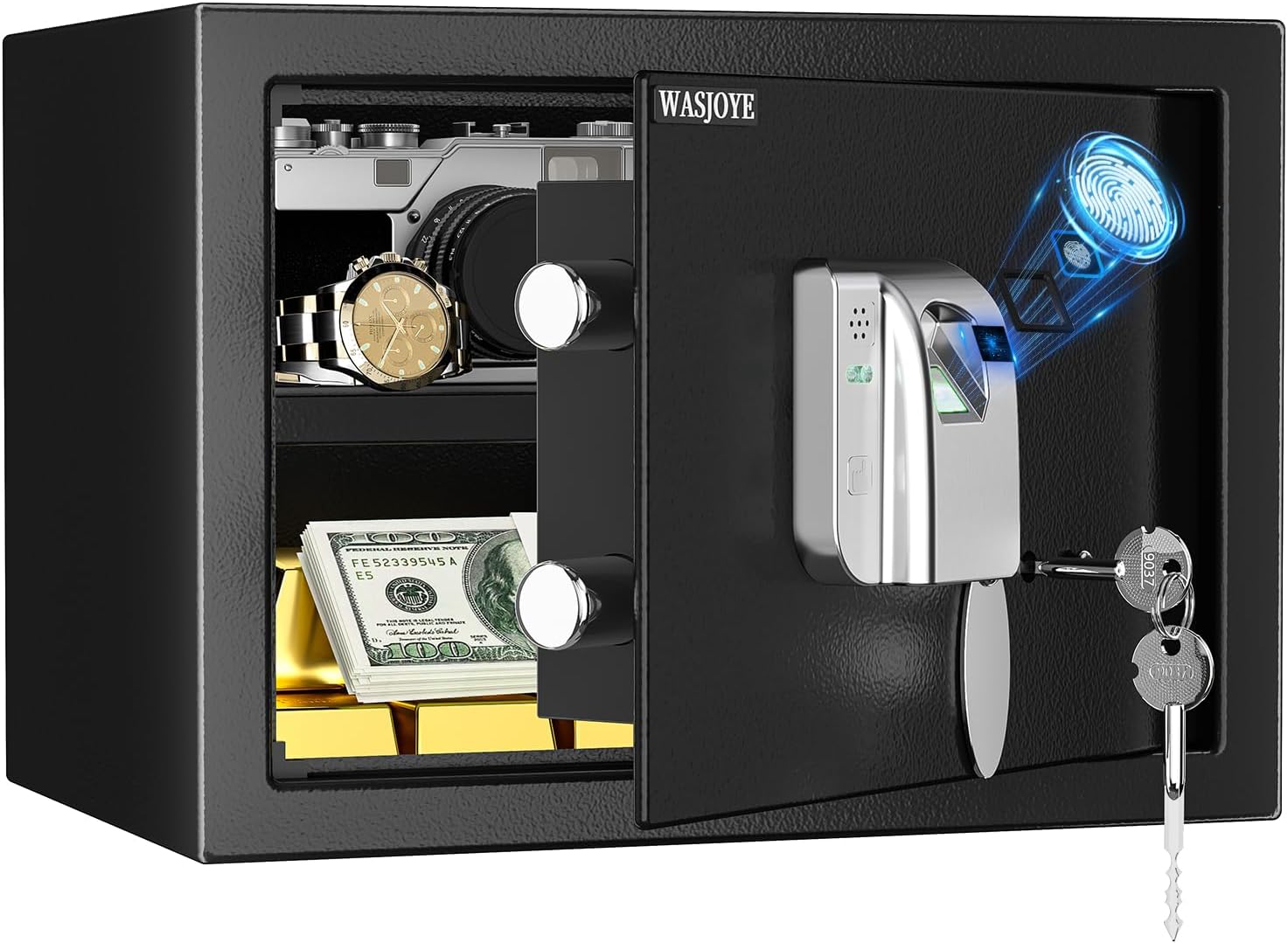 25L Fingerprint Security Cabinet Safe Box WASJOYE Electronic Personal Home Safe with Biometric Safety Fingerprint Key Lock for Office Hotel Jewelry Gun Safe Storage (25x35x25 cm)