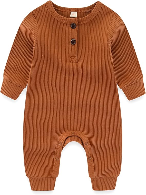 Newborn Baby Boys Girls One Piece Romper with Mitten Cuffs Solid Long Sleeve Ribbed Button Jumpsuit Outfit Clothes