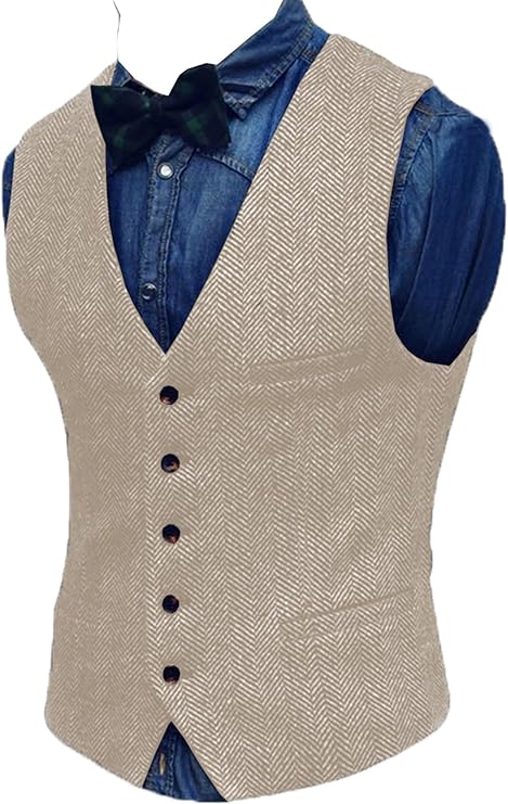 Hunitng Mens Vests Tweed Waistcoats Herringbone Retro Vintage Wedding Wool V-Neck Groomsman S-3XL