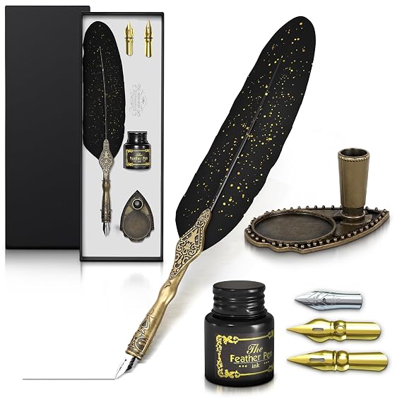 Lagarto Feather Pen and Ink Set, 11.4", 3 Steel Nibs, Inkwell (Black) | Quill Pen and Ink Set, Beginner Calligraphy Dip Kit with Antique Handle, Gift Box; for Signatures, Letters and Vintage Decor