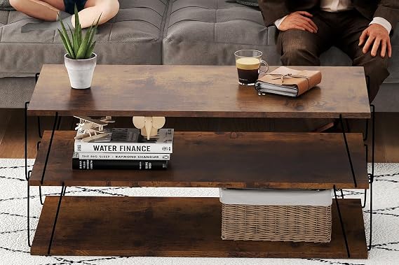 Coffee Table Farmhouse Rectangular Tea Table Simple 3 Tier Quick Assembly Small Table for Living Room ,Bedroom,Balcony