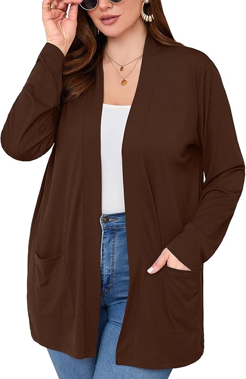 AusLook Plus Size Lightweight Cardigans for Women Open Front Pockets Jacket | 1X-5X,Soft Stretch,Long Sleeve,Longline Coverage,Dress Jeans Layer,Work Travel Style,Spring Fall Wear