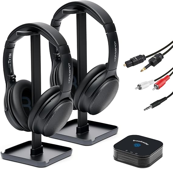 JM320 Wireless TV Headphones with BA210 v2 Auracast Transmitter | 2 Headphones Share 1 Transmitter | Plug & Play | LE Audio,lt;40ms Latency | Up to 300ft | 60-Hour Battery | Optical, AUX & RCA
