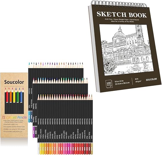 72-Color Colored Pencils&Soucolor 9" x 12" Brown Sketch Book,Artist Drawing Paper Book Painting Sketching Pad,