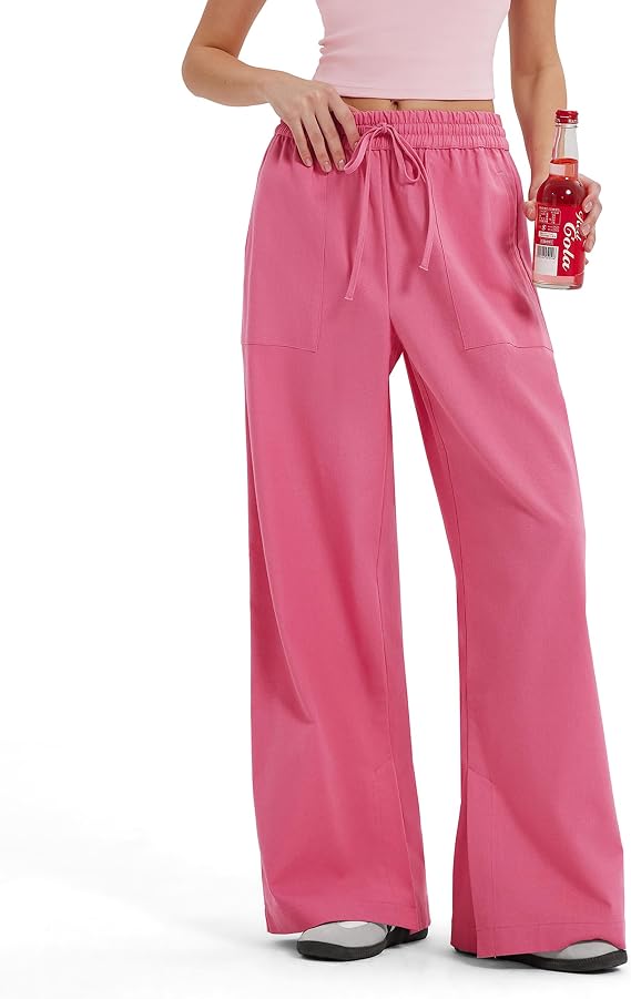 MOOSLOVER Women Linen Flowy Straight Leg Pants Cotton Drawstring Dress Pants Casual Loose Palazzo Pants with Pocket (S, Pink)