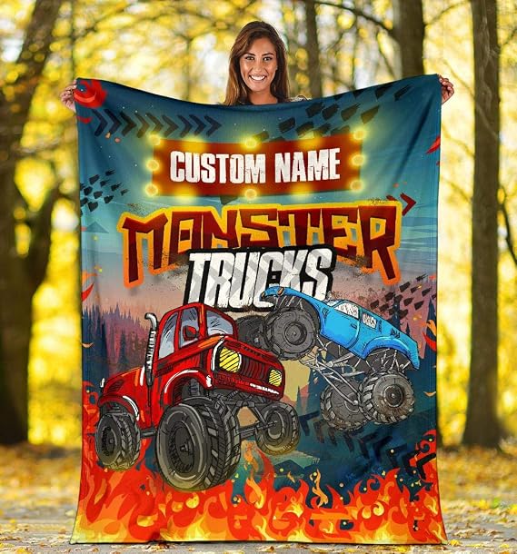 VikingsBrand Personalized Name, Custom Name Monster Truck Blanket for Kids, Kids Bedding Fleece Blanket, Boys & Girls Throw (Monster Truck-RB, Youth (40 x 30 inches / 102 x 76 cm))