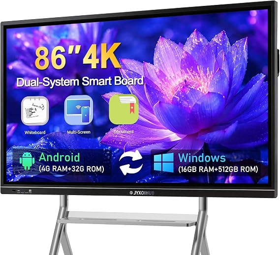 Interactive Whiteboard, 86inch Smart Board with 4K UHD Touch Screen Flat Panel, All in One Digital Electronic Whiteboard Built in Dual System for Conference